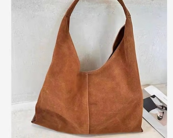 Large Suede Tote Bag: Genuine Leather Shoulder Handbag, Boho Work Bag