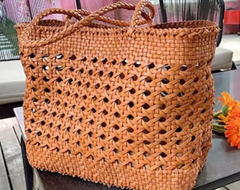Handmade Cowhide Tote Bag,  Retro Woven Leather Handbag, Vintage Style Shoulder Bag for Women