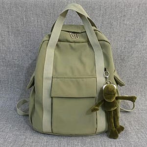 Puede incluir: Una mochila de color verde oliva con dos asas superiores, un bolsillo frontal y dos bolsillos laterales. La bolsa tiene correas anchas de tela beige que se extienden de arriba a abajo. Un pequeño llavero de rana de peluche está enganchado.