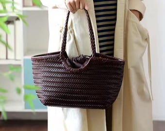 Woven Leather Handbag, Genuine Leather Top Handle & Shoulder Bag, Everyday Luxury Gift
