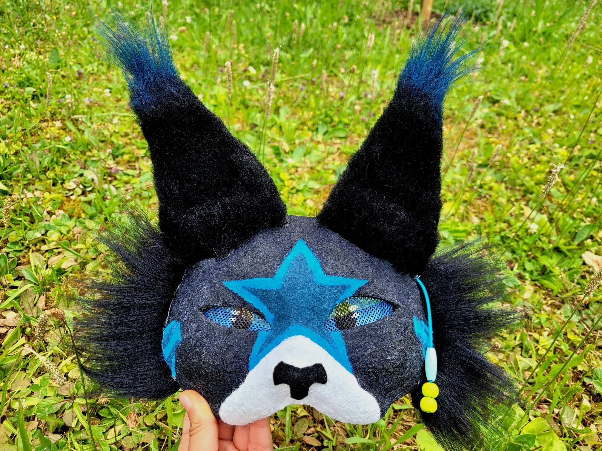 Exclusive Therian quadrobics blue star cat mask felted removeable eyes