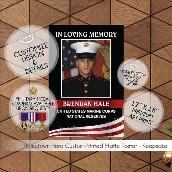 In Loving Memory Custom Military Veteran Tribute Matte Print | Hometown Hero | Honor a Veteran | Patriotic Poster | 12x18 Fine Art Print