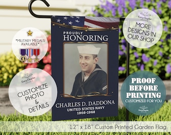 Military Photo Garden Flag | Personalized Veteran Memorial Tribute | Proof Sent Before Printing