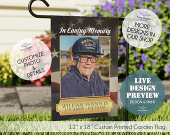 Personalized Military Memorial Garden Flag | Custom Veteran Photo Tribute | Double Sided 12x18 Hometown Hero Flag