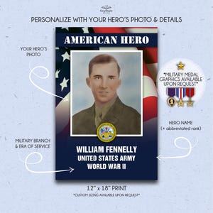 May include: A personalized American Hero print featuring a portrait of William Fennelly, a United States Army World War II veteran. The design includes the American flag, military medals, and text: "American Hero," "Military Branch & Era of Service," and "12" x 18" Print."