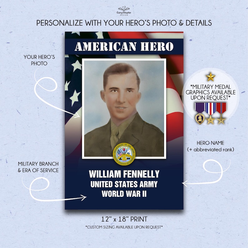 May include: A personalized American Hero print featuring a portrait of William Fennelly, a United States Army World War II veteran. The design includes the American flag, military medals, and text: "American Hero," "Military Branch & Era of Service," and "12" x 18" Print."