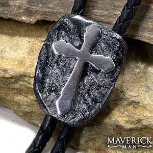 World exclusive slate bolo tie with stainless steel cross