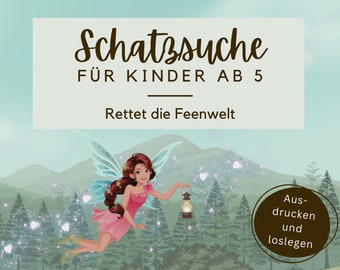 Feen Schatzsuche zum Ausdrucken für Kinder ab 5 Jahren, Vorlage mit Geschichte und Rätseln, komplette Schnitzeljagd als PDF zum Download