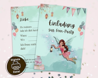Einladungskarte für den Kindergeburtstag zum Ausdrucken (DIN A6), Druckvorlage für die Feen-Party