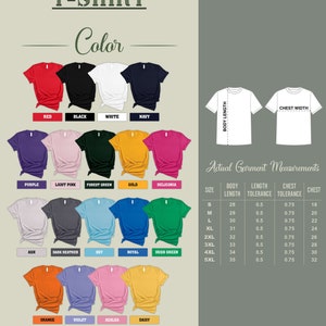 Op de afbeelding: Een tabel met verschillende T-shirt kleuren en maten met metingen voor lichaamslengte, borst en borsttolerantie. De tabel bevat maten van S tot 5XL.