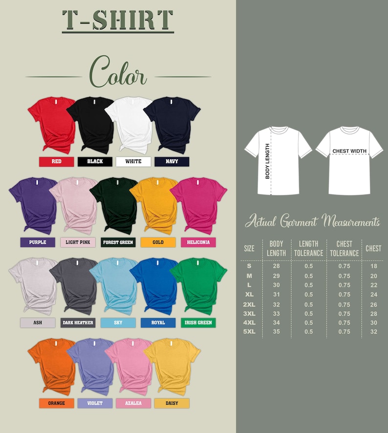 Op de afbeelding: Een tabel met verschillende T-shirt kleuren en maten met metingen voor lichaamslengte, borst en borsttolerantie. De tabel bevat maten van S tot 5XL.