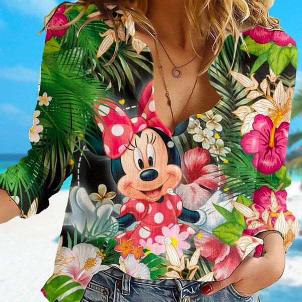 Mouse Tropical Linen T-Shirt, Pink Mouse Linen Casual Shirt, Movie Linen Button Shirt, Cartoon Women Blouses Shirt, Magic Kingdom Gift