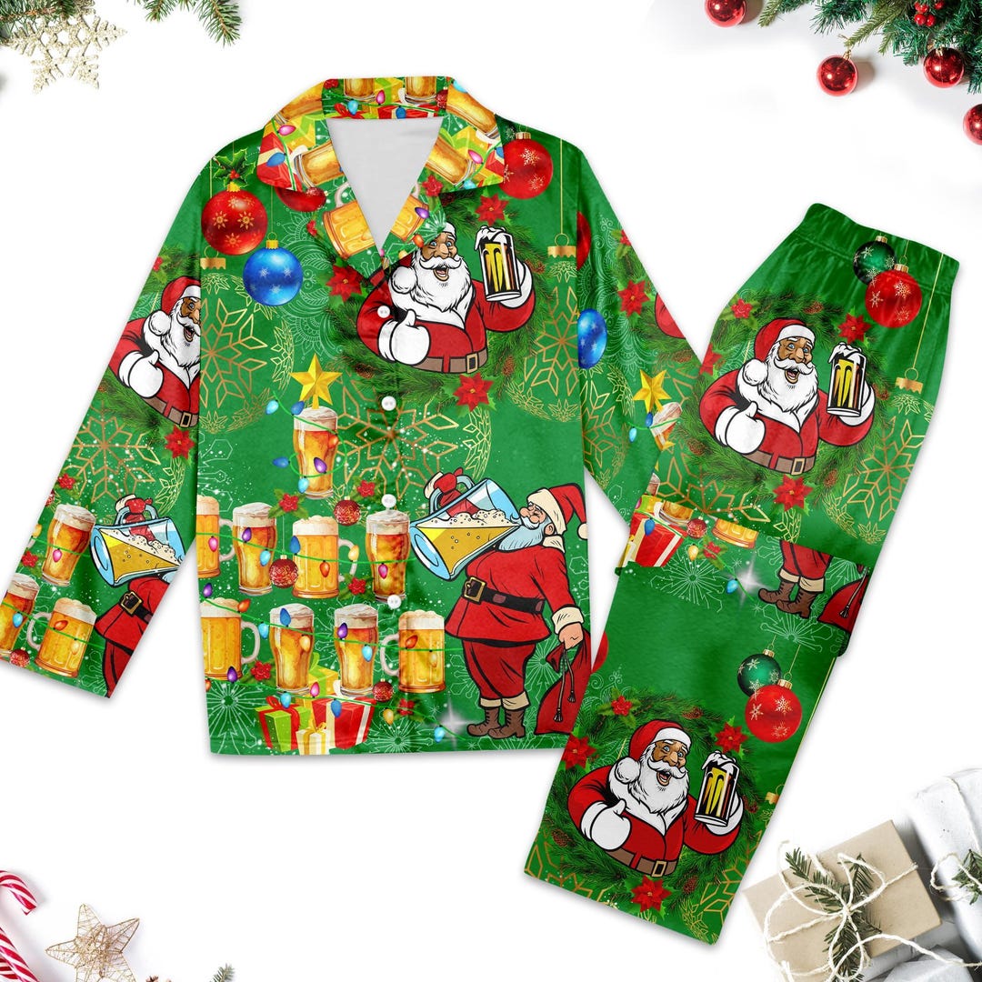 Christmas Santa Drinking Beer Pajamas Set, Santa Claus Button up Shirt ...