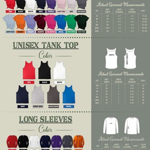 Op de afbeelding: Een grafiek die de verschillende kleuren en maten laat zien die beschikbaar zijn voor dames T-shirts, unisex tanktops en shirts met lange mouwen. De grafiek bevat de maten voor elke maat, inclusief lichaamslengte, borstbreedte en mouwlengte.