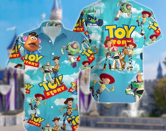Toy Story Characters Lovers Hawaiian Shirt, Woody Buzz Lightyear Jessie Summer Vacation Hawaii Shirt, Toy Story Movie Button Up Hawaii Shirt