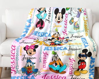 Personalized Watercolor Mouse and Friend Blanket, Custom Name Castle Baby Fleece Blanket, Magic Kingdom Christmas Gift for Kids