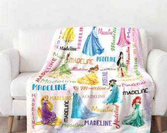 Personalized Watercolor Princess Blanket, Custom Name Baby Girl Fleece Blanket, Princess Birthday Kid Gifts, Princess Character Quilt RE