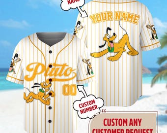 Custom Mickey Pluto Yellow Baseball Jersey, Mickey and Friends Baseball Matching Shirt, Magic Kingdom Trip Pluto Dog Birthday Gifts For Fans