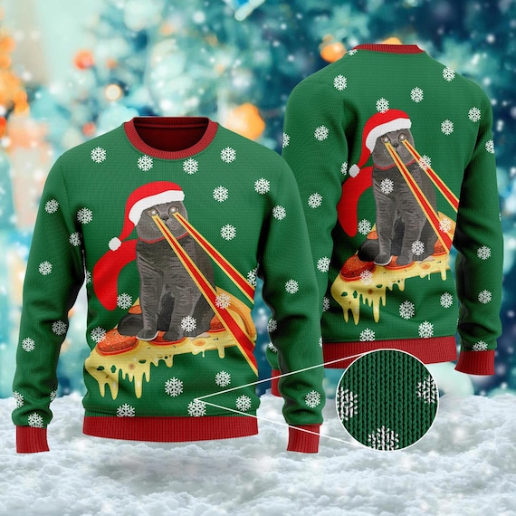 Pizza Cat With Laser Eyes Ugly Christmas Sweater Xmas Sweatshirt Christmas Gift for Men Women Kid Cat Christmas 3D All Over Print Shirt Etsy UK