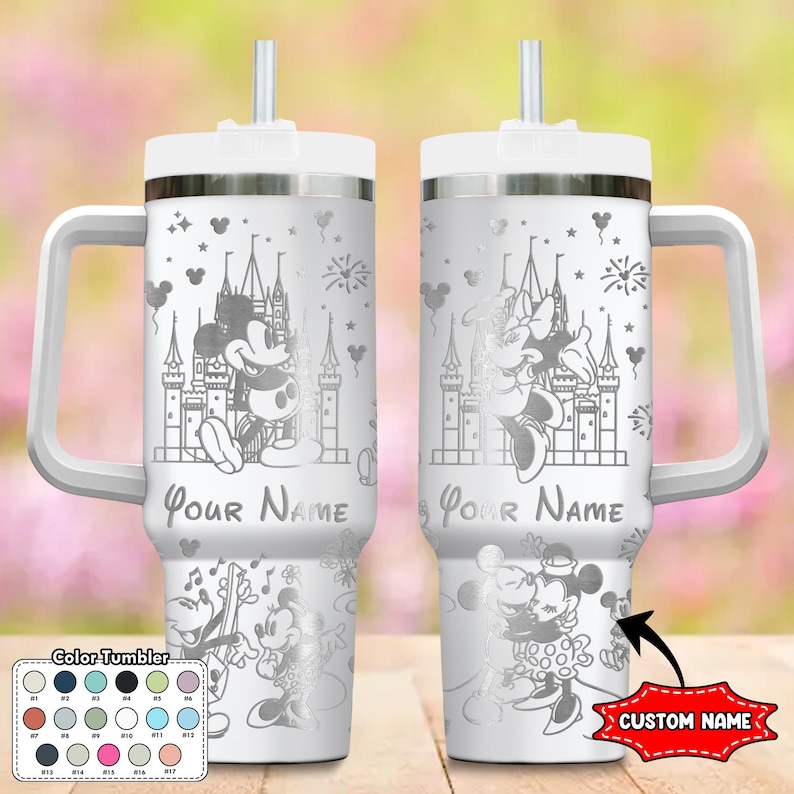 Custom Mickey Minnie Couple 40oz Laser Tumbler, Disneyland Engraved Travel Cup, Custom Mickey Mouse Tumbler, Disney Stainless Steel Tumbler image 1