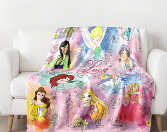 Personalized Watercolor Princess Blanket, Baby Girl Trip Fleece Blanket, Princess Birthday Girl Gift, Princess Characters Quilt Blanket