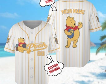 Custom Disney Winnie the Pooh Baseball Jersey, Pooh Baseball Team, Honey Bear Jersey, Magic Kingdom Family Trip Shirt, Birthday Gift For Kid
