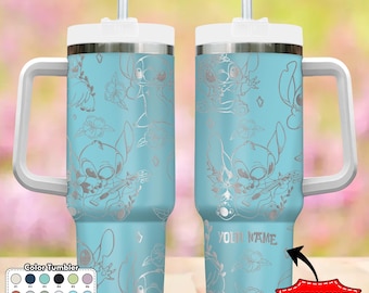 Custom Blue Dog Tropical 40oz Tumbler, Cartoon Characters Engraved Tumbler, Cute Monster Cup Gift, Handle Stainless Steel Reusable Tumbler