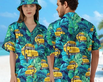 Camisa hawaiana de autobús escolar para la vuelta al cole, camisa hawaiana con estampado tropical de autobús, camisa de verano de autobús, camisa Aloha 3D de conductor de autobús, regalo para amantes de los autobuses