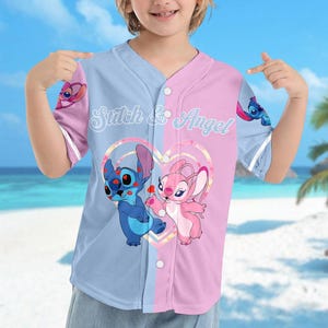 Personalized DN Stitch And Angel Baseball Jersey, Couple Lovers Shirt, Stitch And Angel Basketball Jersey, DN Cartoon Baseball Gift image 2
