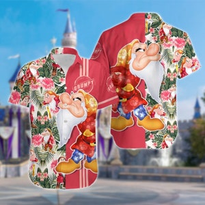 May include: A red and white Hawaiian shirt featuring a cartoon image of Grumpy from Snow White and the Seven Dwarfs. The shirt has a tropical floral print and the word "GRUMPY" in a red circle.
