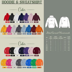 Op de afbeelding: Een tabel die de kleur opties voor hoodies en sweatshirts laat zien. De tabel toont 10 verschillende kleuren voor elk type kledingstuk. De kleuren omvatten rood, zwart, wit, marine, paars, lichtroze, donkerrood, goud, heliconia, as, donker grijs, lichtblauw, koninklijk blauw, kardinaalrood en oranje. De tabel bevat ook een maattabel met metingen voor lichaamslengte, mouwlengte, borst en borsttolerantie. De metingen zijn in inches.