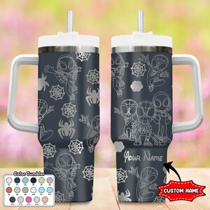 Custom Spider and Friends 40oz Tumbler, Superhero Characters Cup Gift, Cartoon Engraved Tumbler, Super Hero Handle Stainless Steel Tumbler