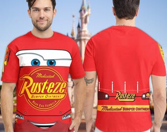 Disney Lightning McQueen Costume T-Shirt, Cars Lightning McQueen Cosplay Costume Shirt, Cars Rusteze Logo Halloween All Over Print Tee