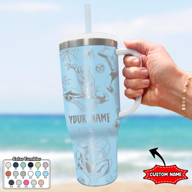 Custom Spiderman 40oz Laser Tumbler, Superhero Engraved Travel Tumbler, Spider-Man Tumbler for Fans, Marvel Handle Stainless Steel Tumbler image 4
