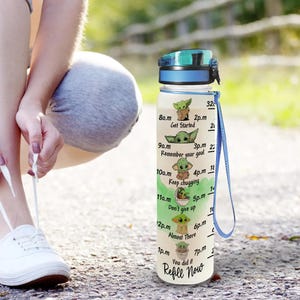 May include: A white water bottle with a blue lid and strap. The bottle has a motivational quote and images of a green alien character on it. The quote says "Refill Now" and includes times from 8 a.m. to 7 p.m. with a different image of the alien character for each time.