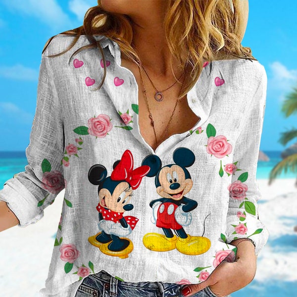 Cute Mouse Floral Linen T-Shirt, Mouse Couple Linen Casual Shirt, Movie Linen Button Shirt, Cartoon Women Blouses Shirt, Magic Kingdom Gift