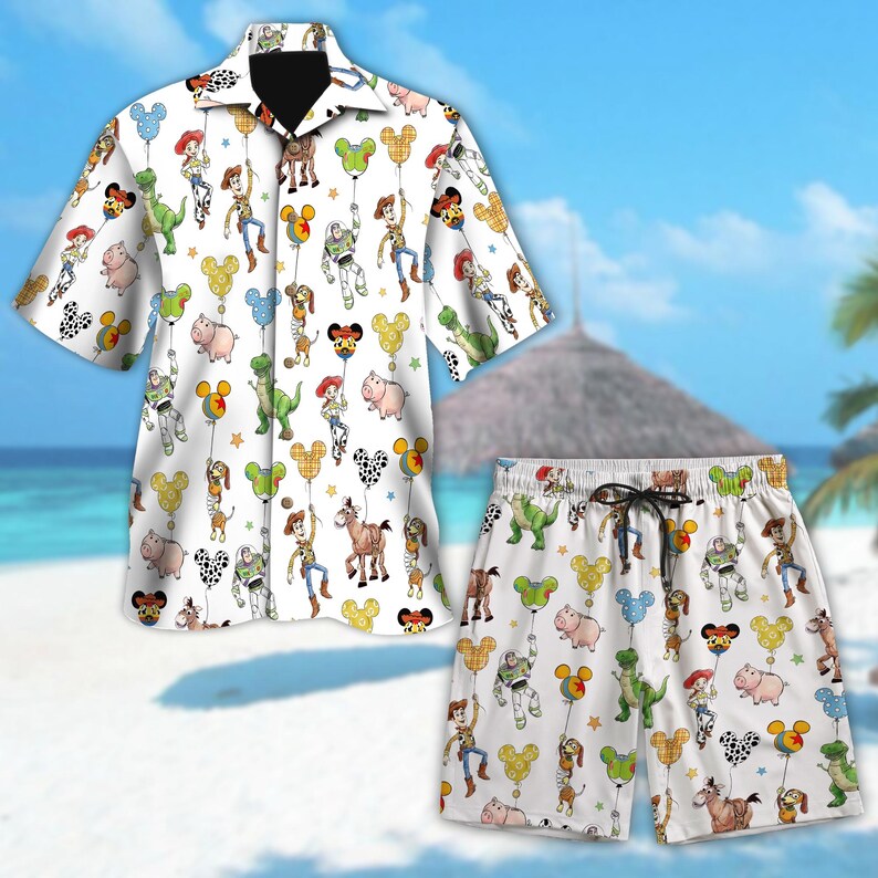 Camisa hawaiana de Toy Story con globos, camisa hawaiana de Disney Toy Story, camisa abotonada de Woody, Buzz Lightyear, Jessie y Rex, camisa de verano de Disney imagen 2