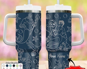 Custom Mermaid Tumbler, Princess Characters 40oz Tumbler, Magic Kingdom Handle Stainless Steel Tumbler, Cartoon Gift, Mermaid Coffee Cup