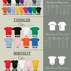 Op de afbeelding: Een grafiek die de verschillende kleuren en maten laat zien die beschikbaar zijn voor kinder T-shirts, peuter T-shirts en rompers. De grafiek bevat de maten voor elke maat.