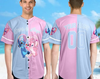 Personalized DN Stitch And Angel Baseball Jersey, Couple Lovers Shirt, Stitch And Angel Basketball Jersey, DN Cartoon Baseball Gift