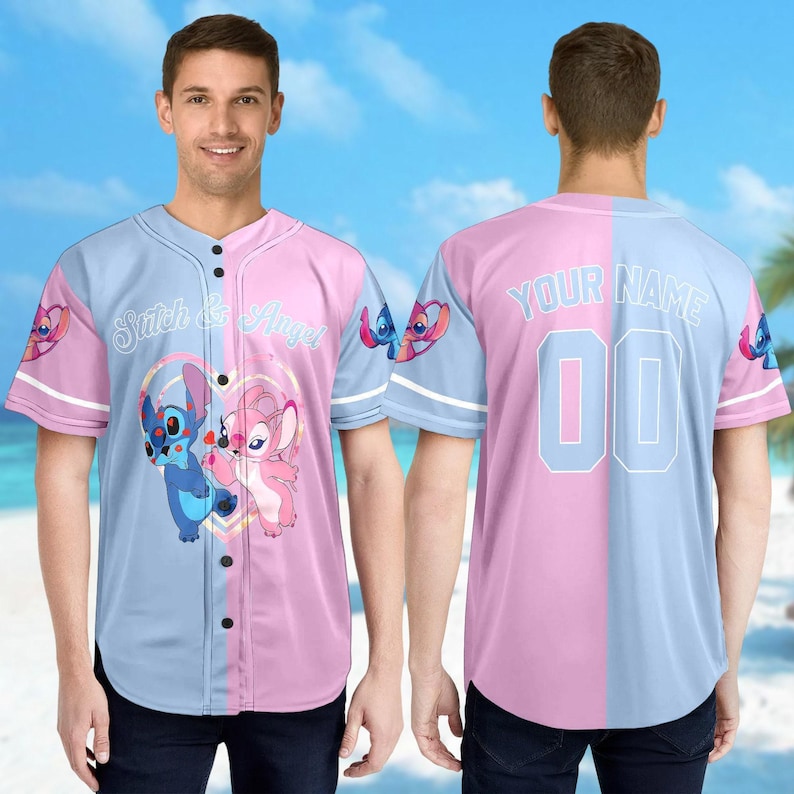 Personalized DN Stitch And Angel Baseball Jersey, Couple Lovers Shirt, Stitch And Angel Basketball Jersey, DN Cartoon Baseball Gift image 1