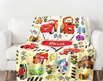 Personalized Cars Blanket, Custom Name Cars Movie Fleece Blanket, Racing Car Lightning Characters Blanket, Birthday Kid Gifts, Cartoon Quilt