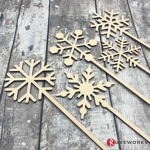 Grezzi artigianali in legno, bacchette natalizie con fiocchi di neve - Dipingi le tue, bacchette, Natale, fiocchi di neve, ambientazione del luogo, decorazioni, artigianato
