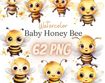 Watercolor Baby Honey Bee Cliparts, cute little bees, PNG, 62 illustrations, 300 dpi, bundle, digital, commercial use