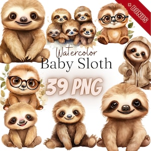 Aquarelle bébé paresseux Cliparts Bundle, PNG, 39 illustrations, bébé paresseux, paresseux, jungle, mignon, 300dpi, transparent, numérique, utilisation commerciale
