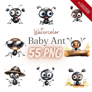 Watercolor Baby Ant Cliparts Bundle, PNG, 55 illustrations, baby ants, garden ants, red fire ant, 300 dpi, transparent, commercial use