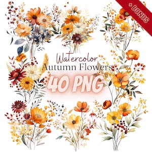 Pacchetto clipart di fiori autunnali dell'acquerello, 40 PNG, fiore marrone e oro, novembre, stagionale, 300 dpi, trasparente, digitale, uso commerciale