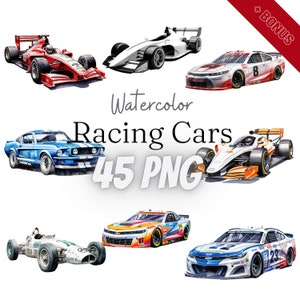 Pacote de clipart de carro de corrida em aquarela, PNG, 45 ilustrações, carro esportivo, veículo de corrida, 300 dpi, transparente, digital, uso comercial