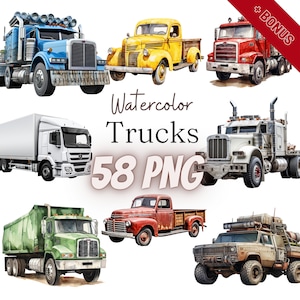 May include: A set of 58 watercolor illustrations of various trucks. The trucks are in different colors and styles, including a red semi-truck, a yellow pickup truck, a green dump truck, and a white delivery truck. The illustrations are perfect for use in scrapbooking, card making, and other craft projects.