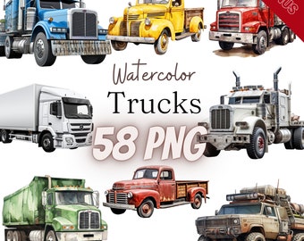 Watercolor Truck Cliparts Bundle, Farm Truck, Pickup, Retro Trucks, Vintage Truck, Watercolor Truck, Transparent, Digital, 58 PNG, 300 dpi